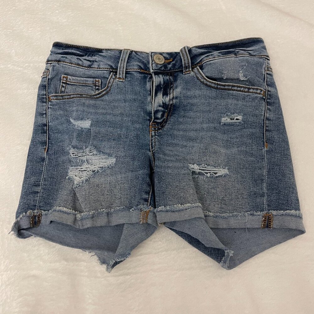 SO Goods For Life Midi Jean Shorts Women 27x11 Size 5/27W Blue Distressed